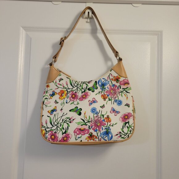Vintage Shoulder Purse with Floral and Butterfly Pattern and Heart Tag - Picture 2 of 12